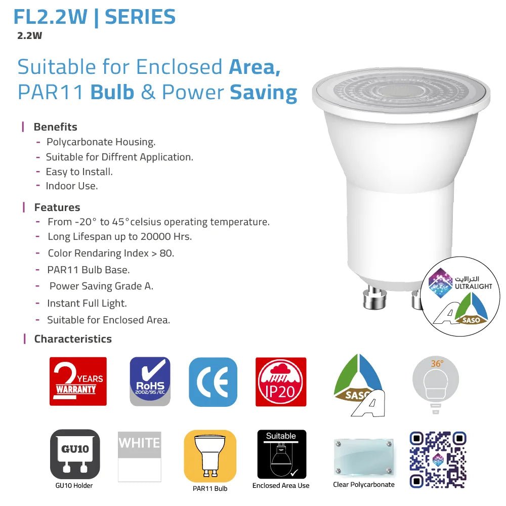 LED bulb with specifications and features on a white background