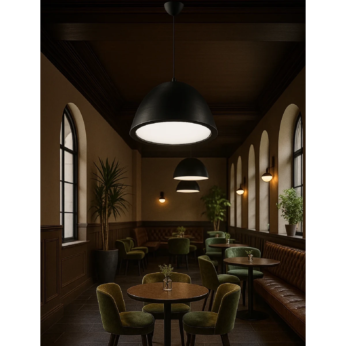 Dark interior of a restaurant with green chairs, wooden tables, and pendant lights.