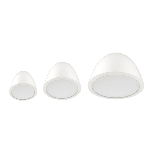Three white ceiling lights on a white background