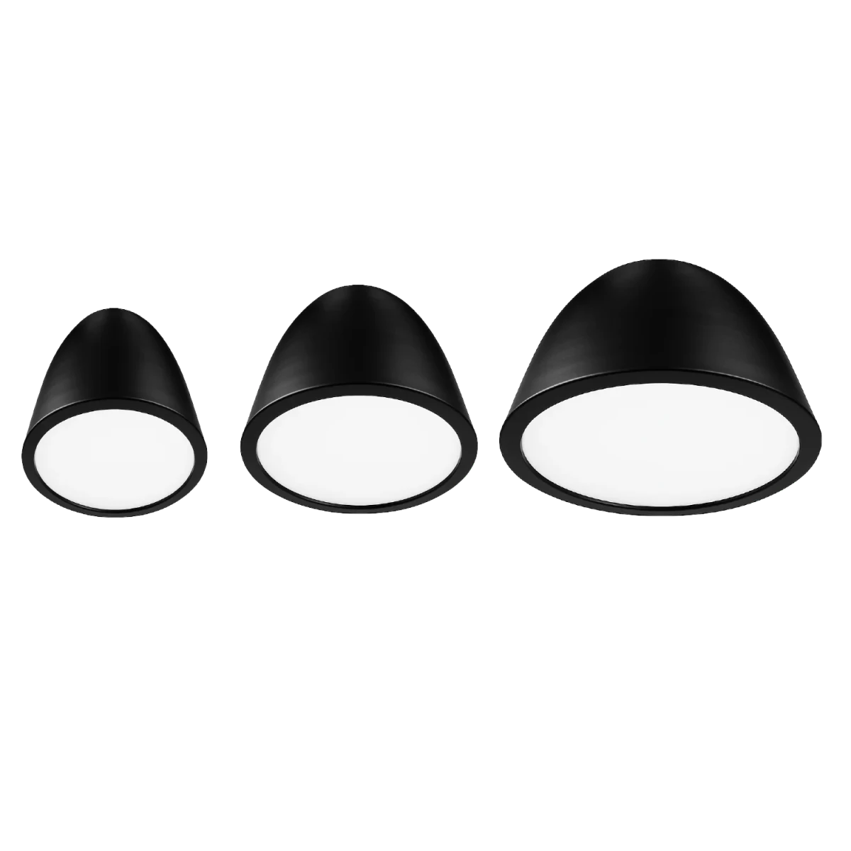 Three black ceiling lights with white inner shades on a white background