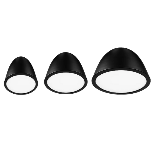 Three black ceiling lights with white inner shades on a white background