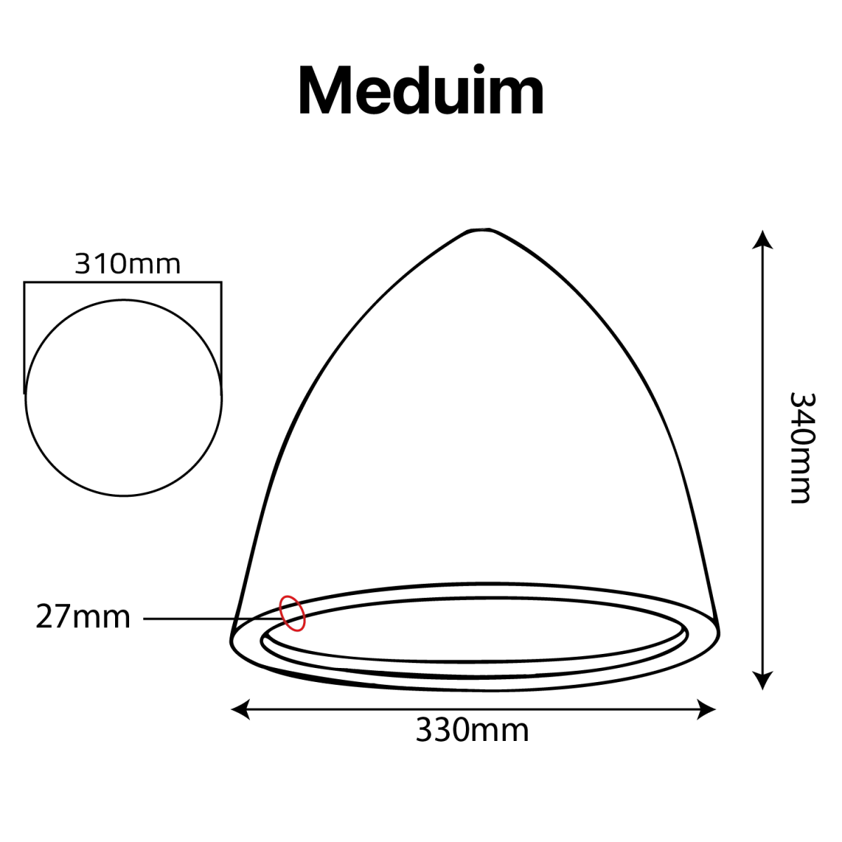 Measurement chart for a medium-sized object with dimensions labeled.