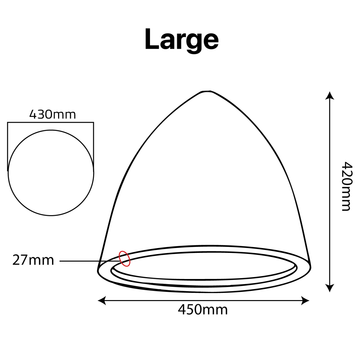 Measurement chart of a large cone-shaped object with dimensions labeled.