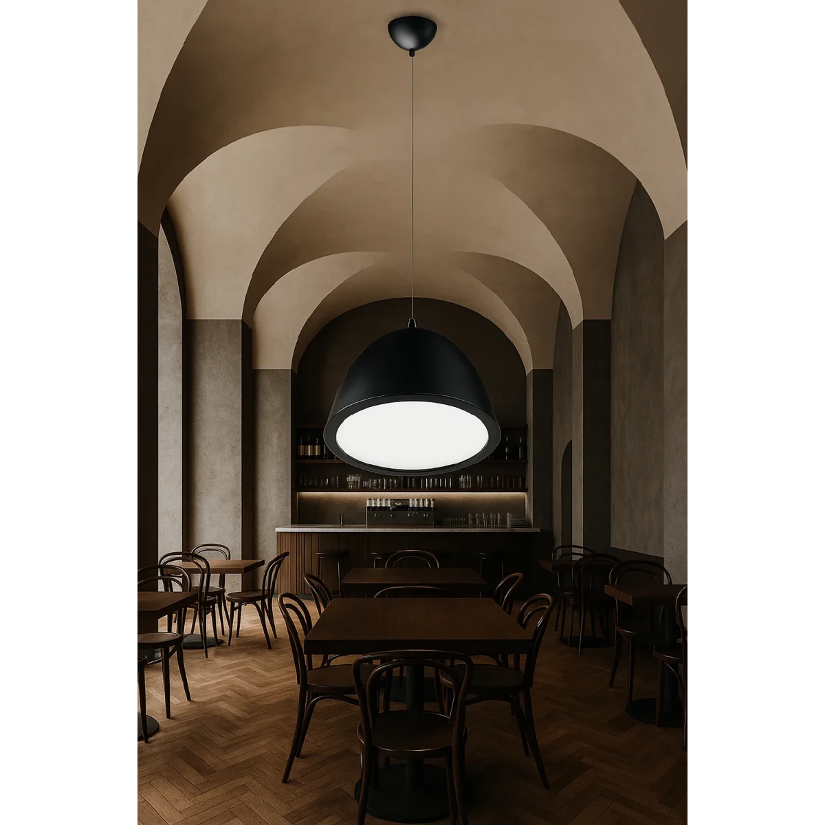 Dining area with arched ceilings and a large black pendant light.