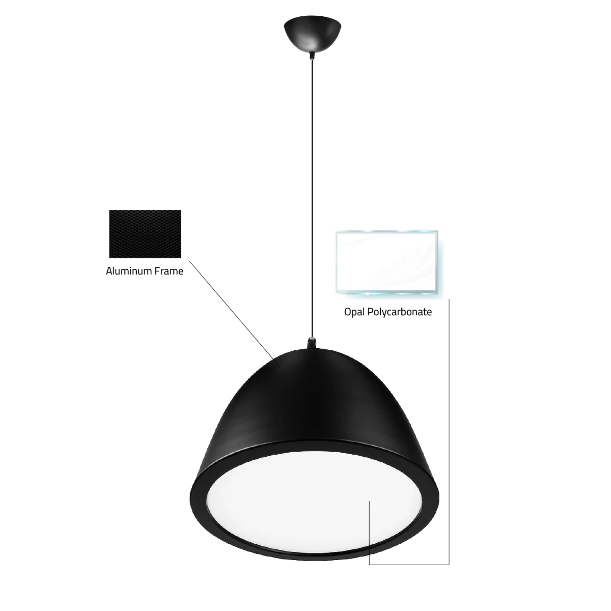 Black pendant light with labeled components on a white background