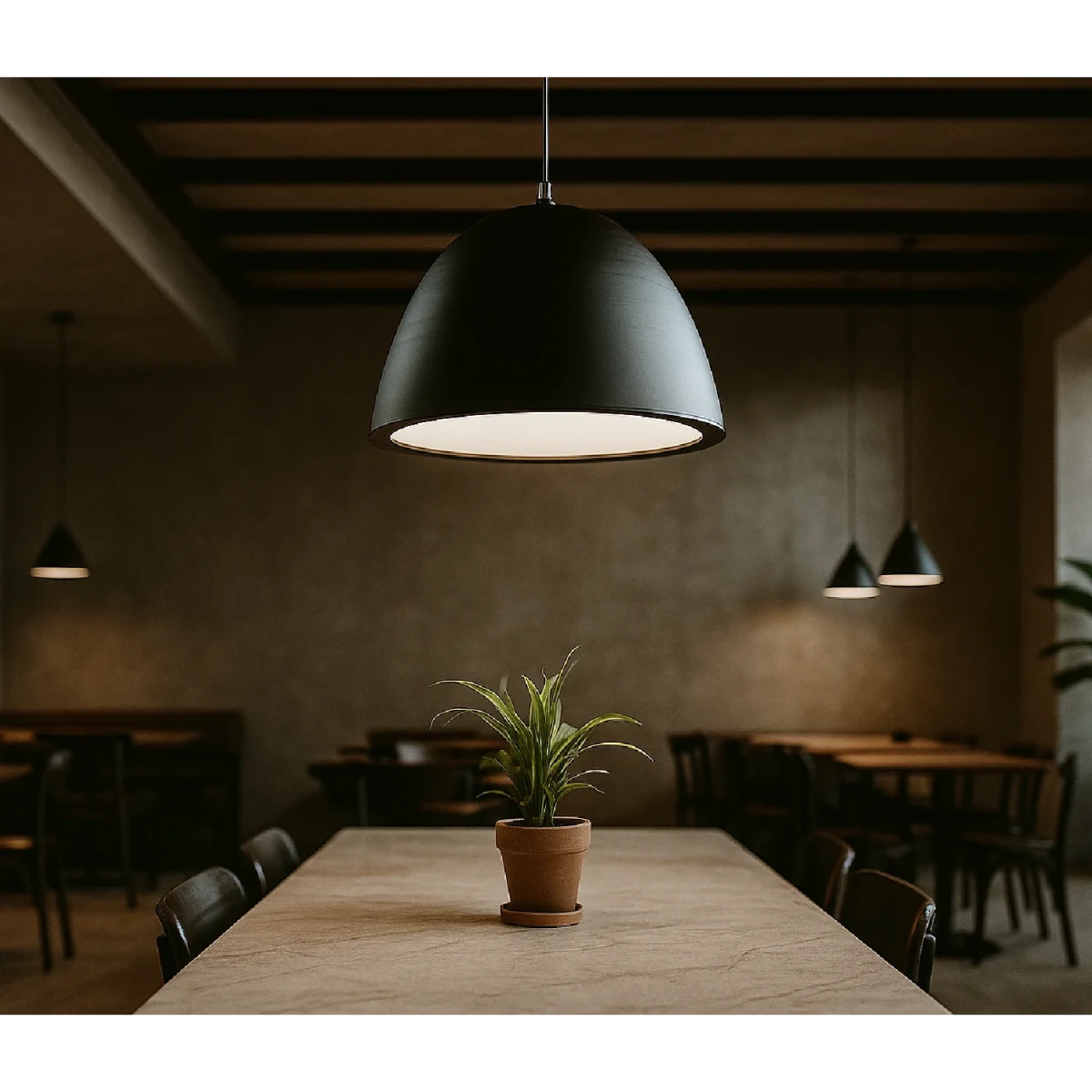 Modern restaurant interior with a black pendant light and a potted plant on a table.
