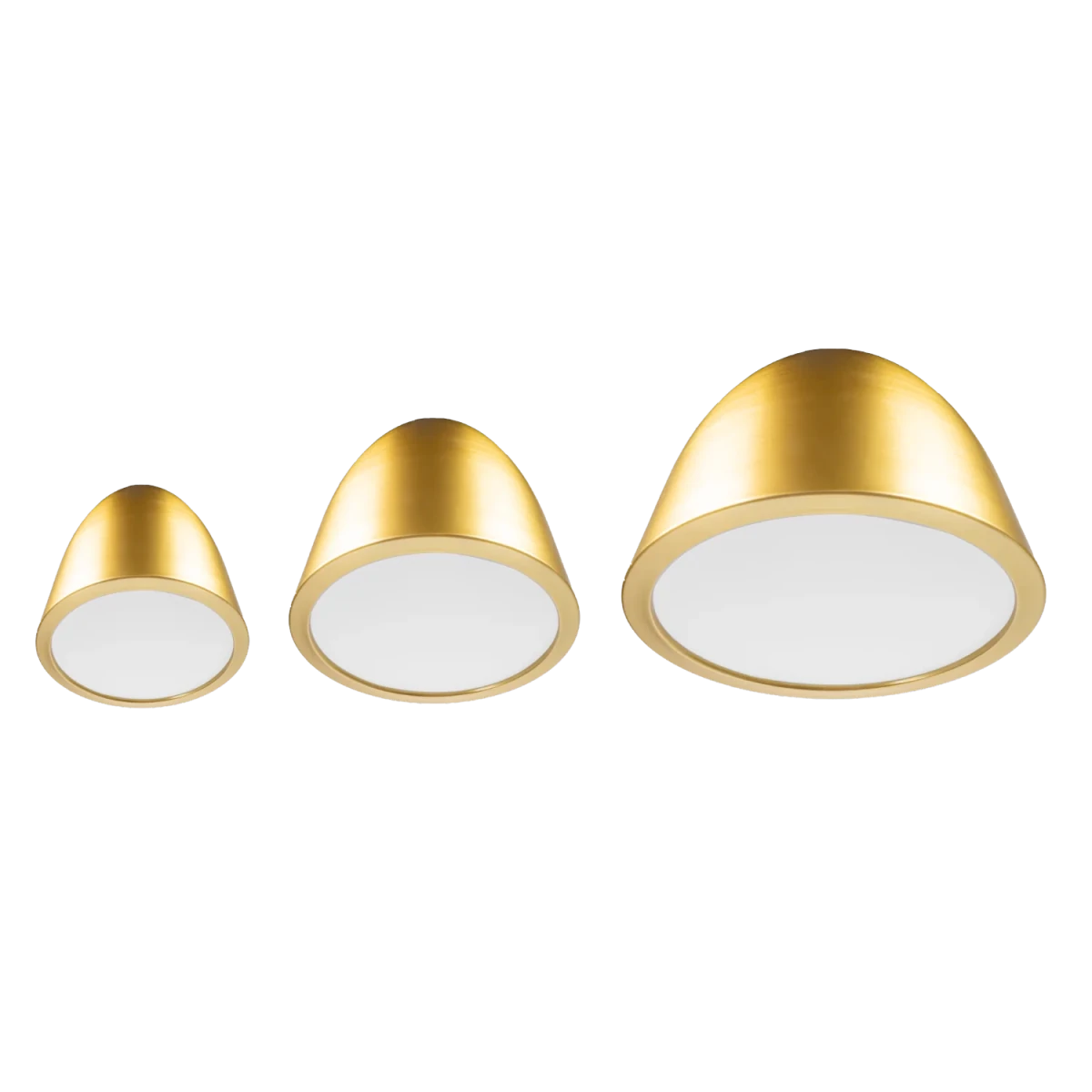 Three gold ceiling lights with white interior on a white background