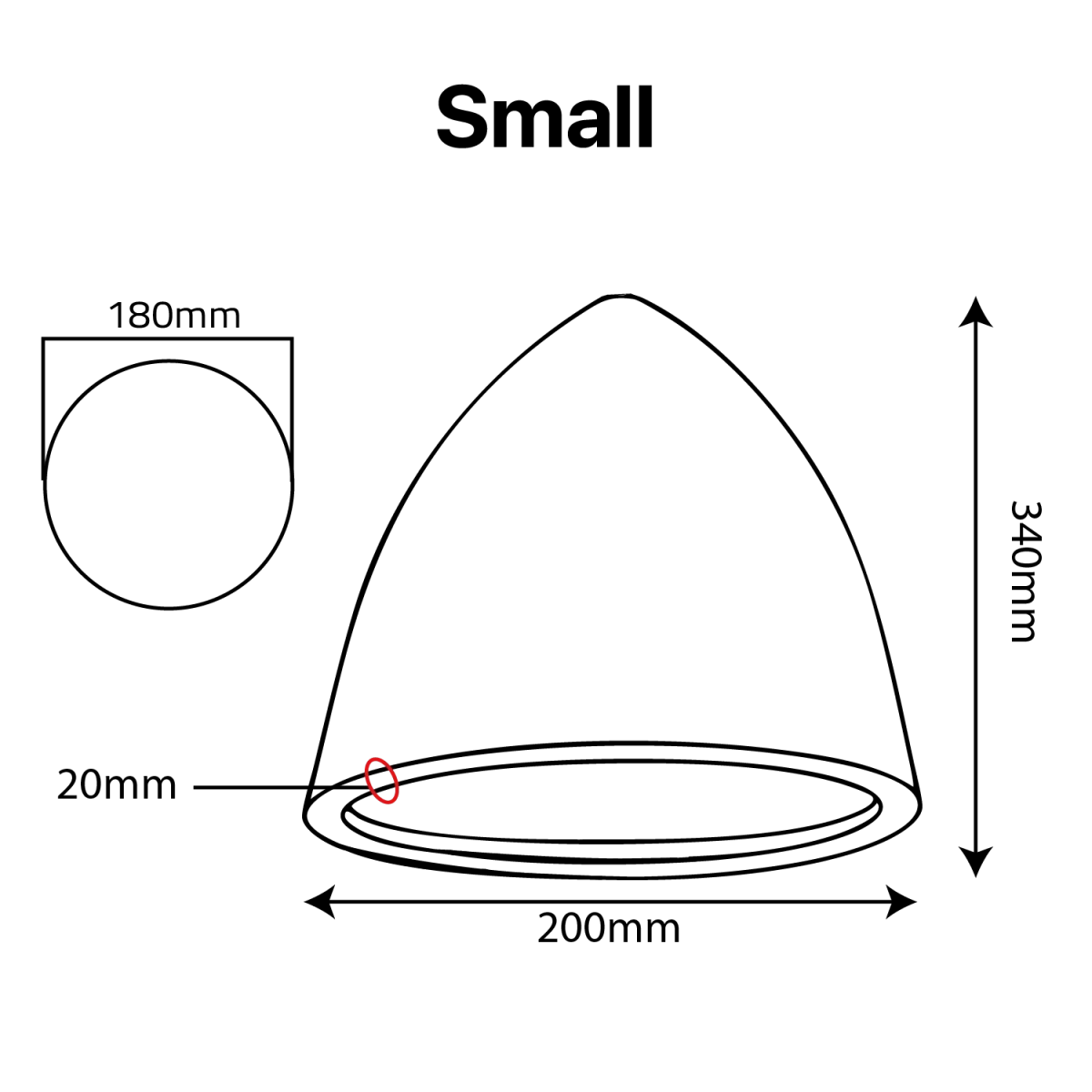 Measurement chart for a small cone-shaped object with dimensions labeled.