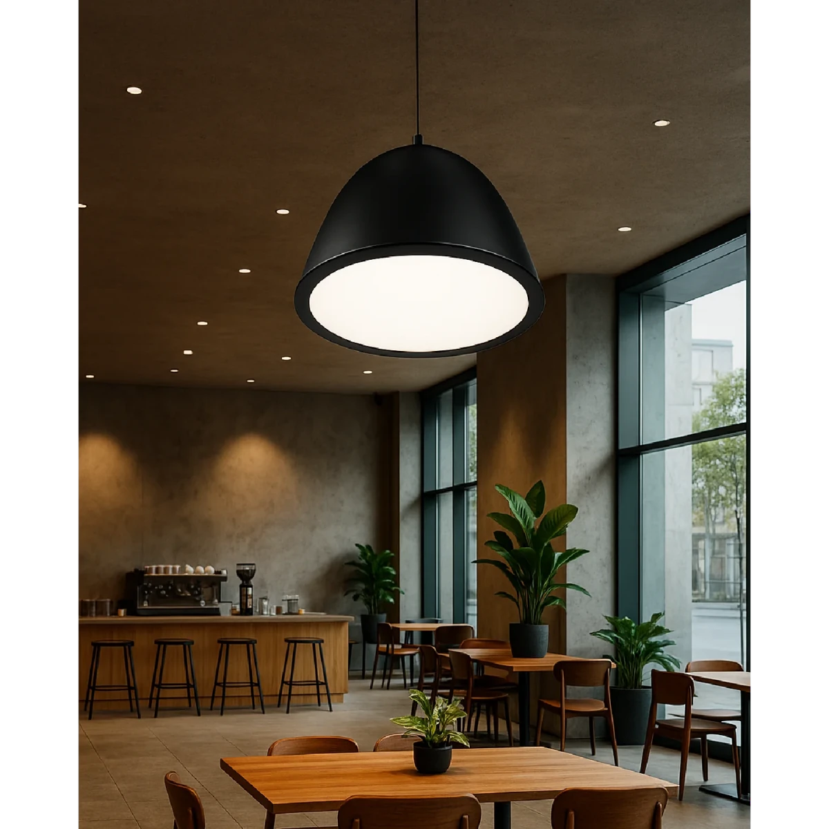 Modern interior of a cafe with wooden tables, chairs, and a large black pendant light.