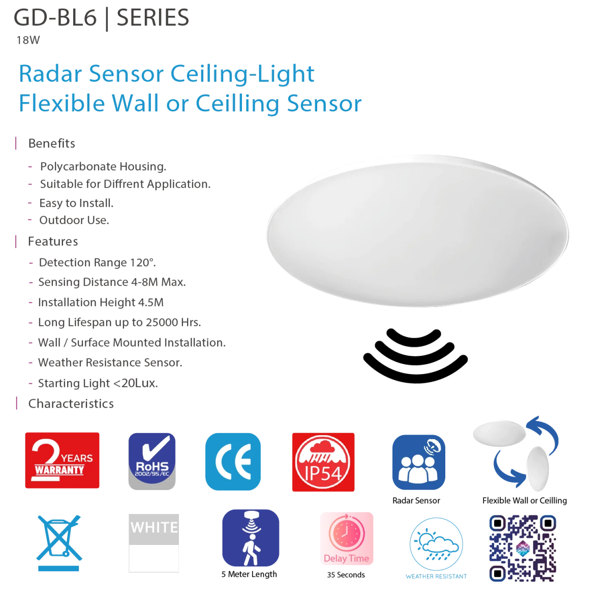 كشاف سقفي بمستشعر رادار حساس حركة 18W للداخل والخارج – مقاوم للعوامل الجوية (GD-BL6)