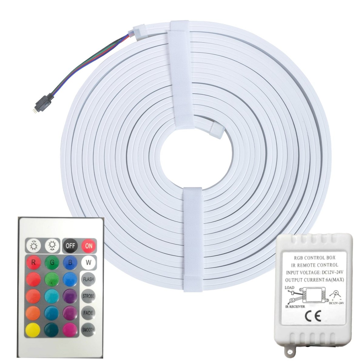 RGB LED strip light with remote control and power supply on a white background