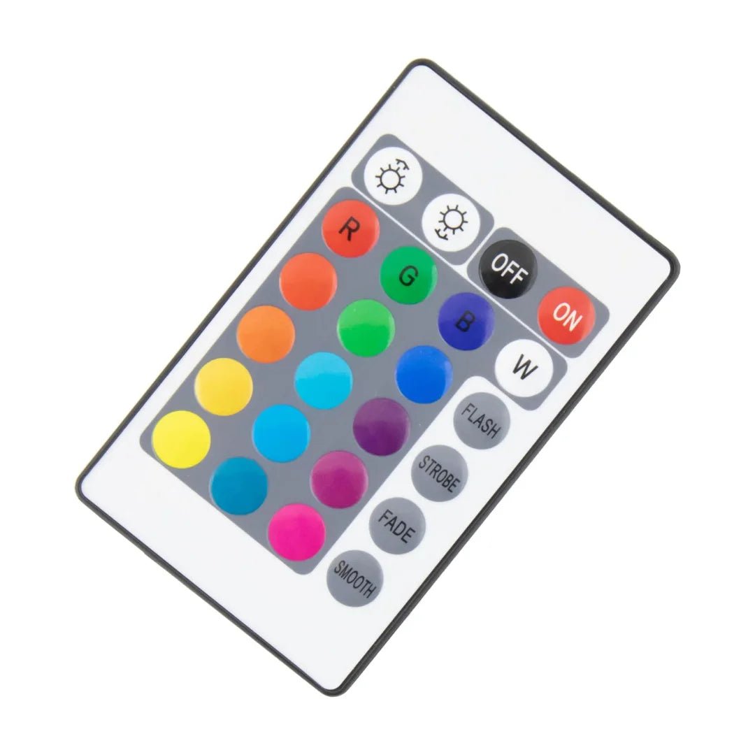 Remote control with color wheel and button labels on a white background
