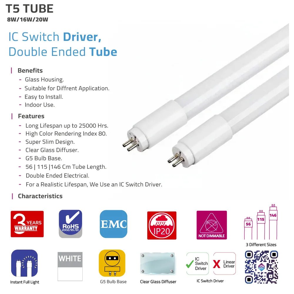 The T5 LED tube features a slim design with high efficiency.  using IC switch driver