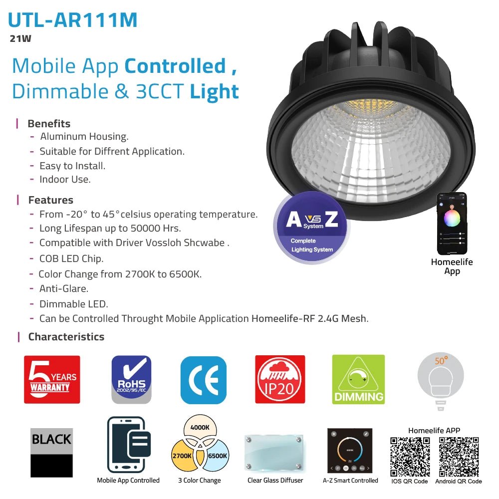 The UTL-MR11M smart LED light offers full control via mobile app with dimming and 3CCT color adjustment (2700K–6500K)