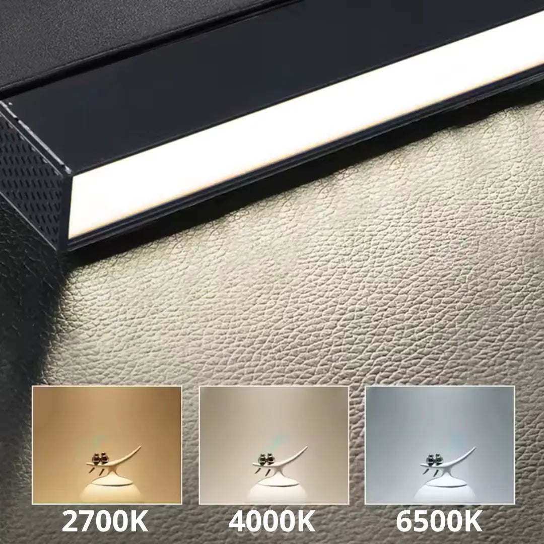 LED strip light with color temperature options displayed on a textured surface.