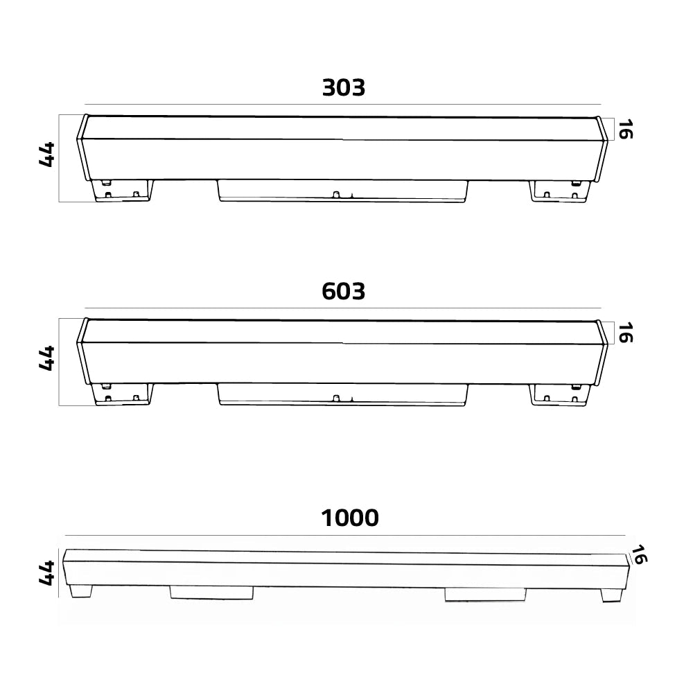 Technical drawing of a rectangular component with dimensions labeled