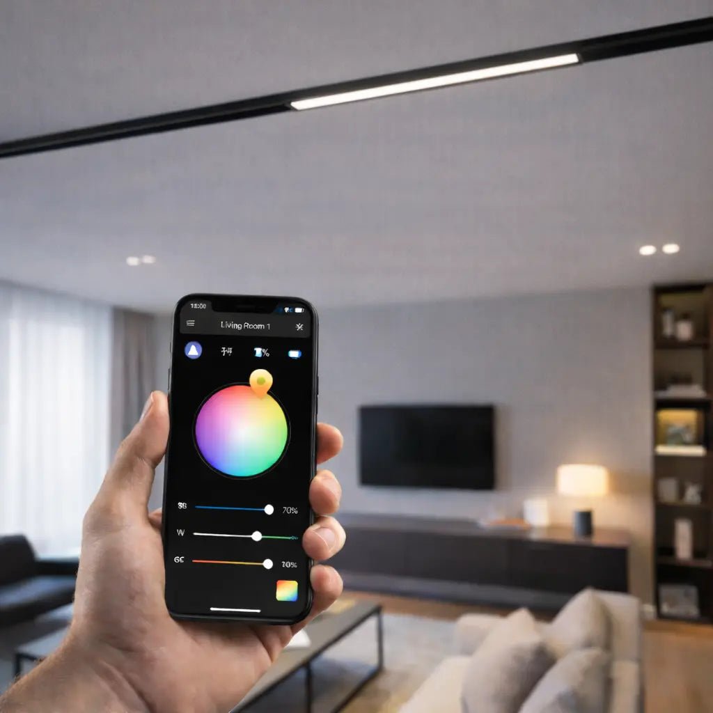 Person holding a smartphone with a lighting control app in a modern living room.