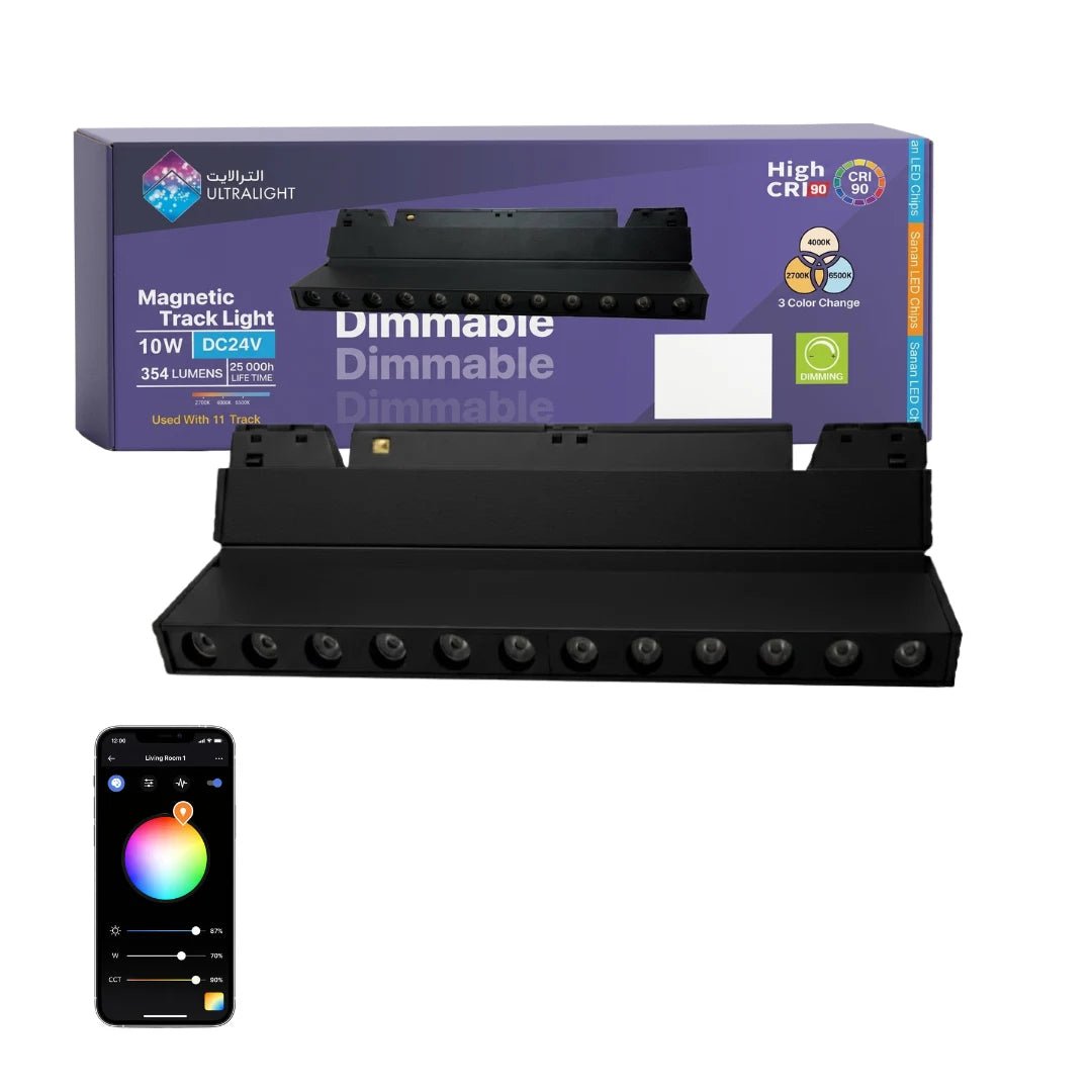 Dimmable magnetic track light system with smartphone app control on a white background