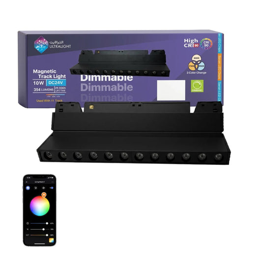 Dimmable magnetic track light system with smartphone app control on a white background