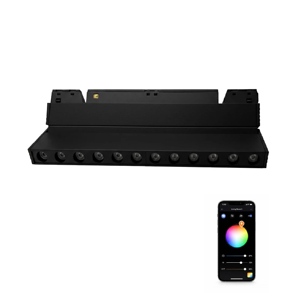 Black LED strip light with smartphone app for control on a white background