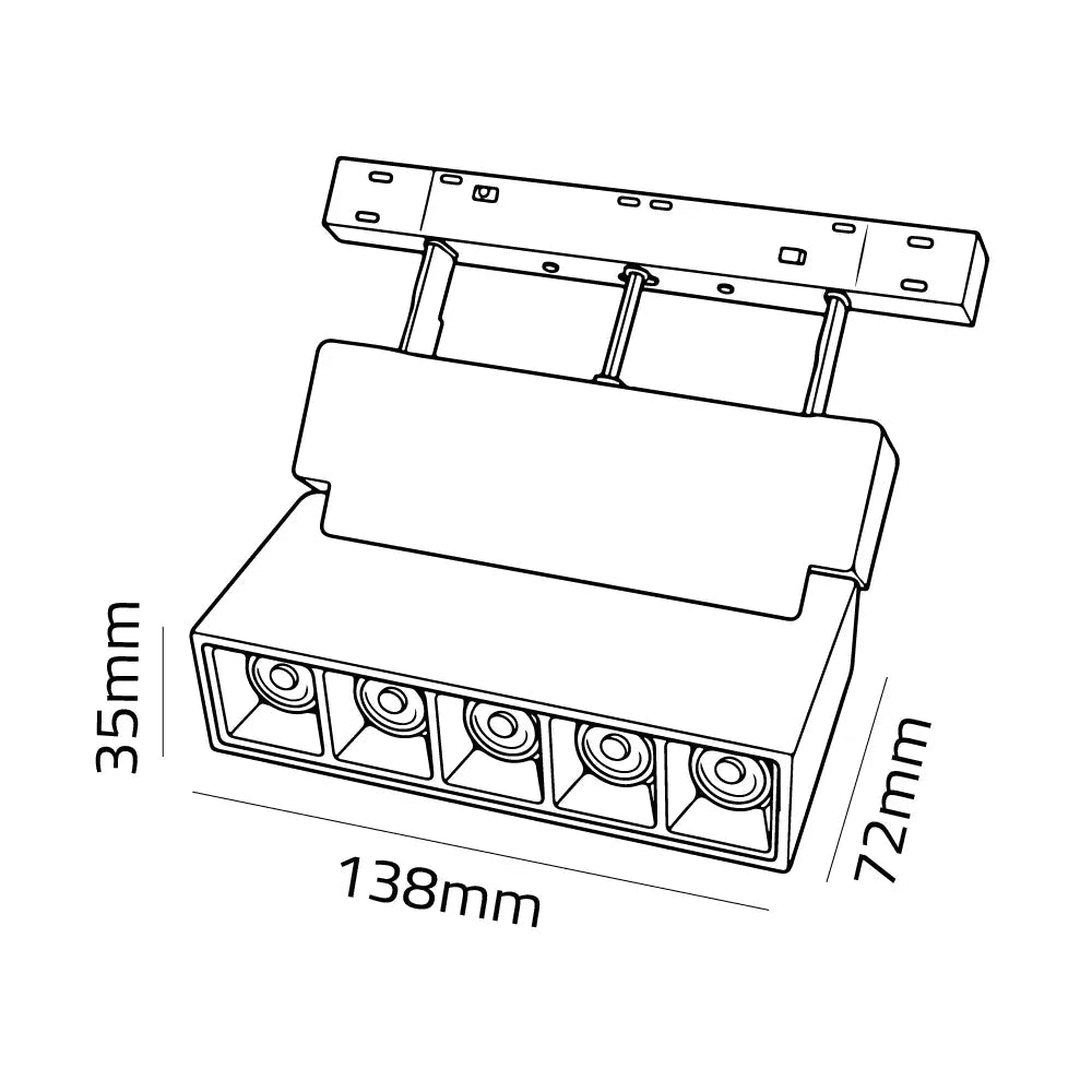 Technical drawing of a rectangular light fixture with dimensions labeled