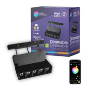 Black magnetic track light with packaging and smartphone app on a white background