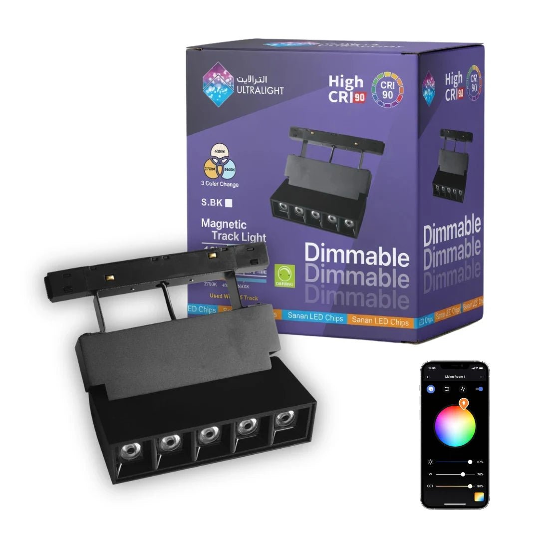 Black magnetic track light with packaging and smartphone app on a white background