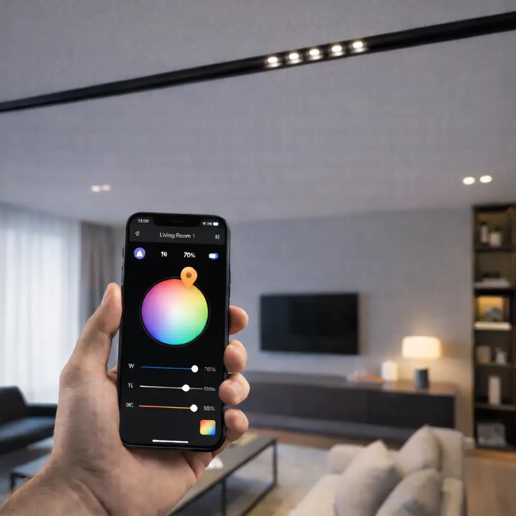 Hand holding a smartphone with a home automation app in a living room.