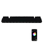 Black LED light bar with smartphone app for color control on a white background