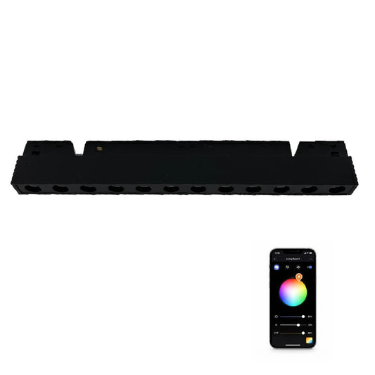 Black LED light bar with smartphone app for color control on a white background