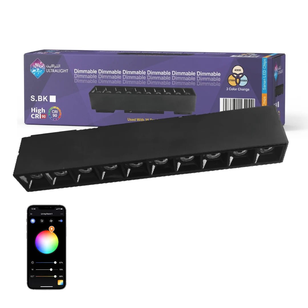 Black LED strip light with smartphone app and packaging on a white background