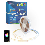LED strip light with packaging, smartphone, and app interface on a white background