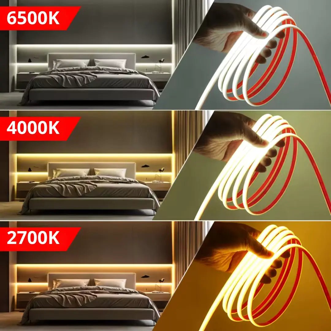 LED strip lights with color temperature labels in a bedroom setting