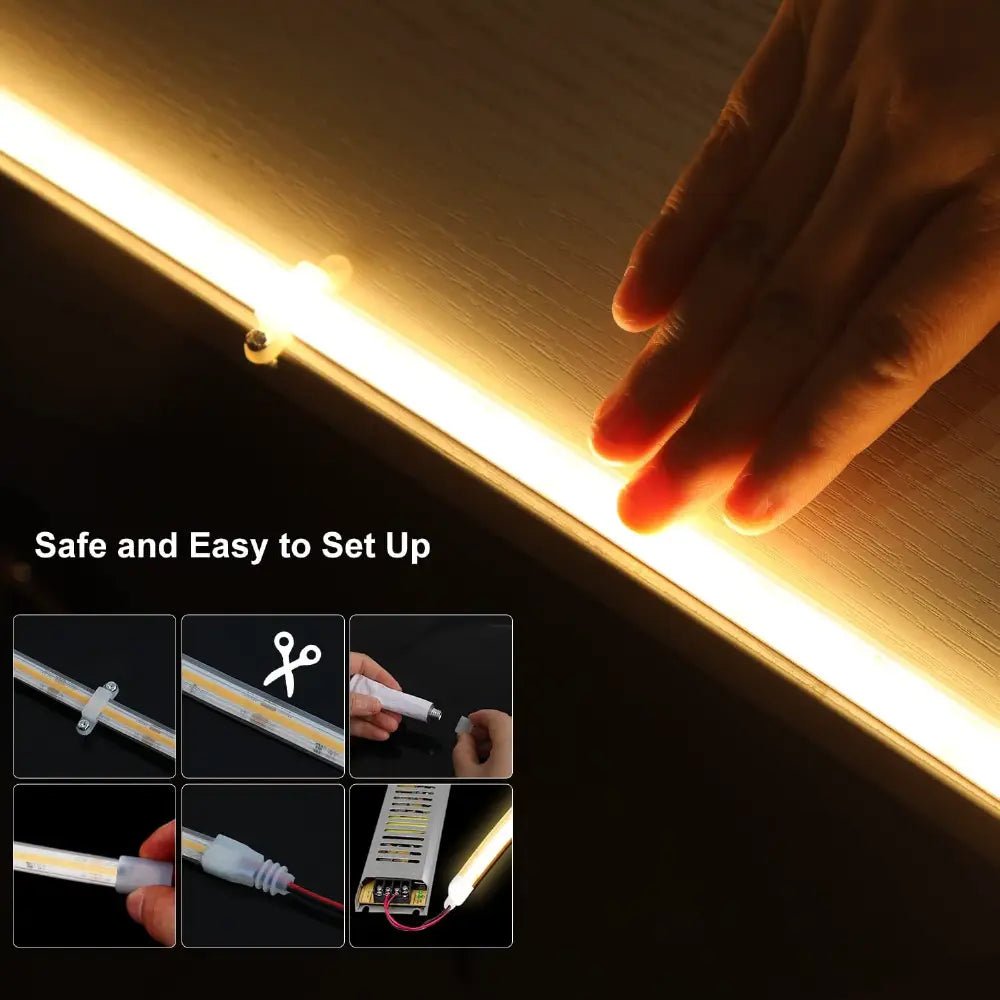 LED strip light being installed with a hand and step-by-step installation instructions.