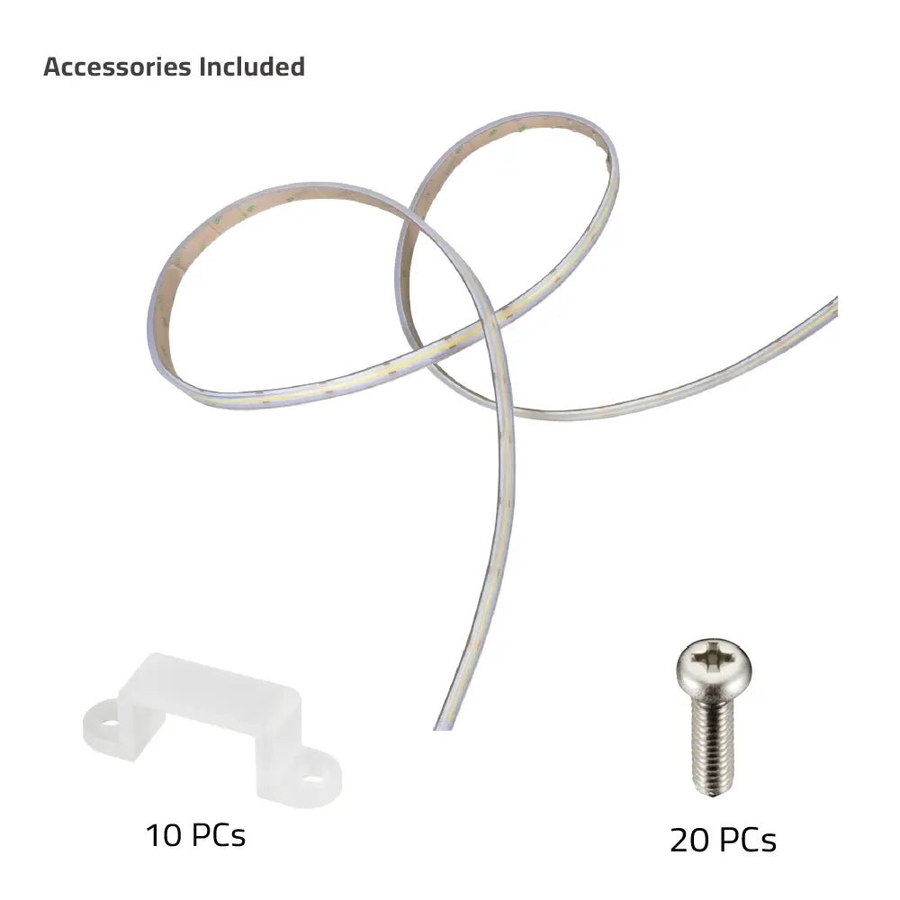 Set of accessories including a cable, a bracket, and a screw on a white background.