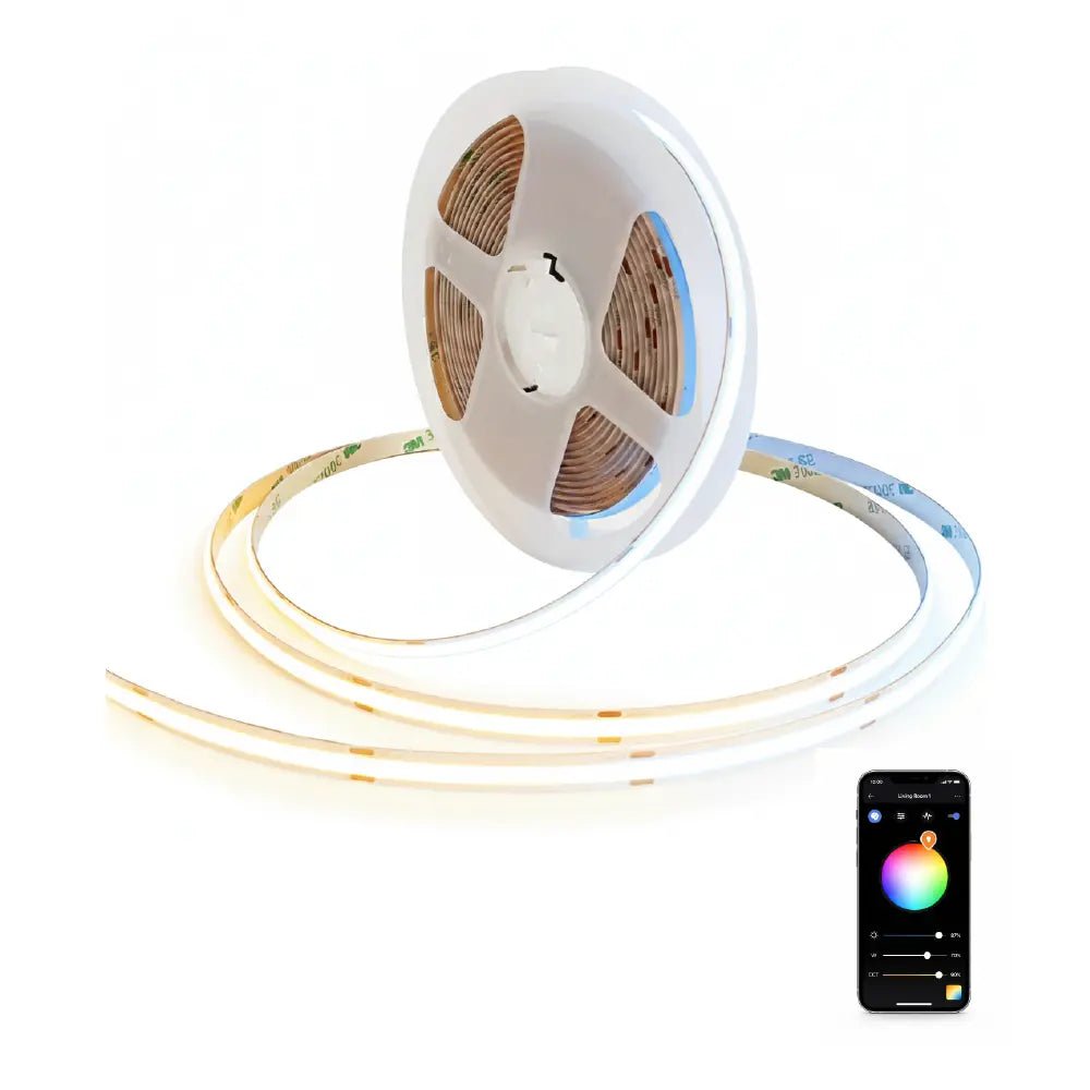 Spool of LED strip light with smartphone app on a white background