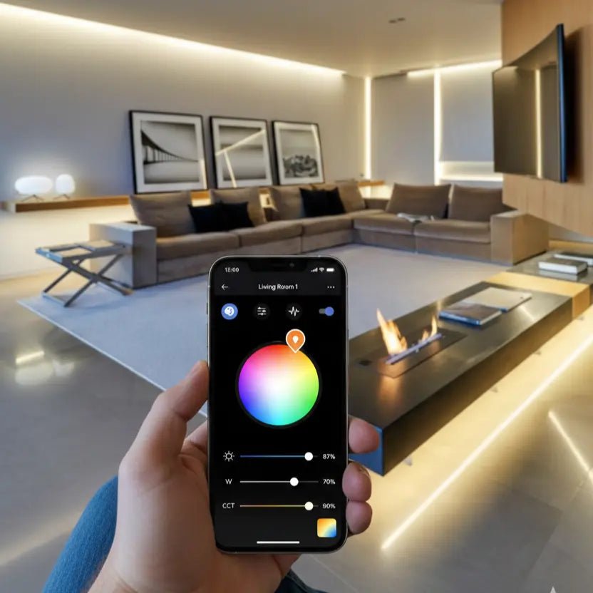 Hand holding a smartphone with lighting control app in a modern living room