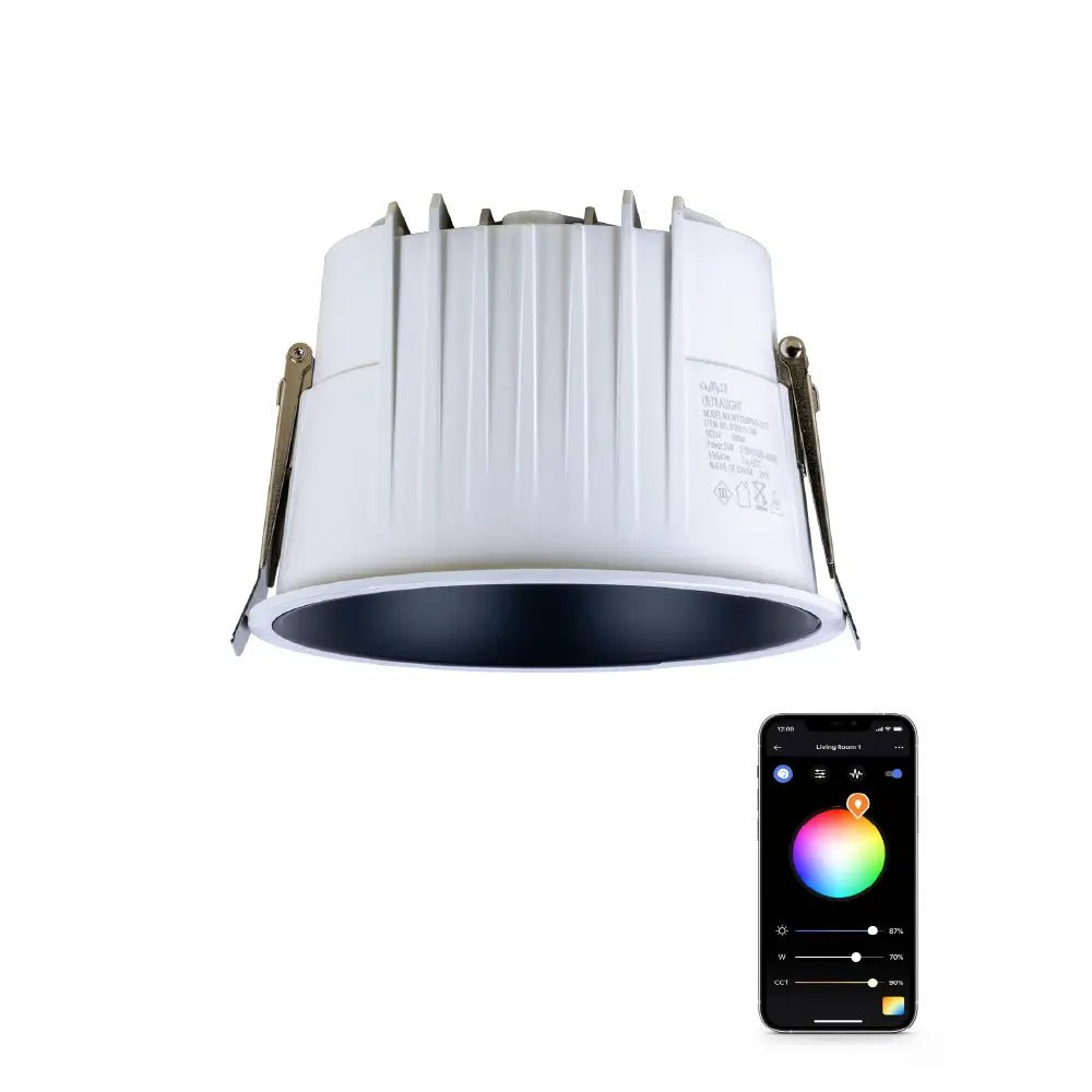 Smart light fixture with smartphone app interface on a white background
