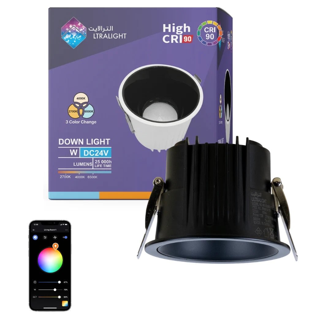 LED downlight with packaging and smartphone app on a white background