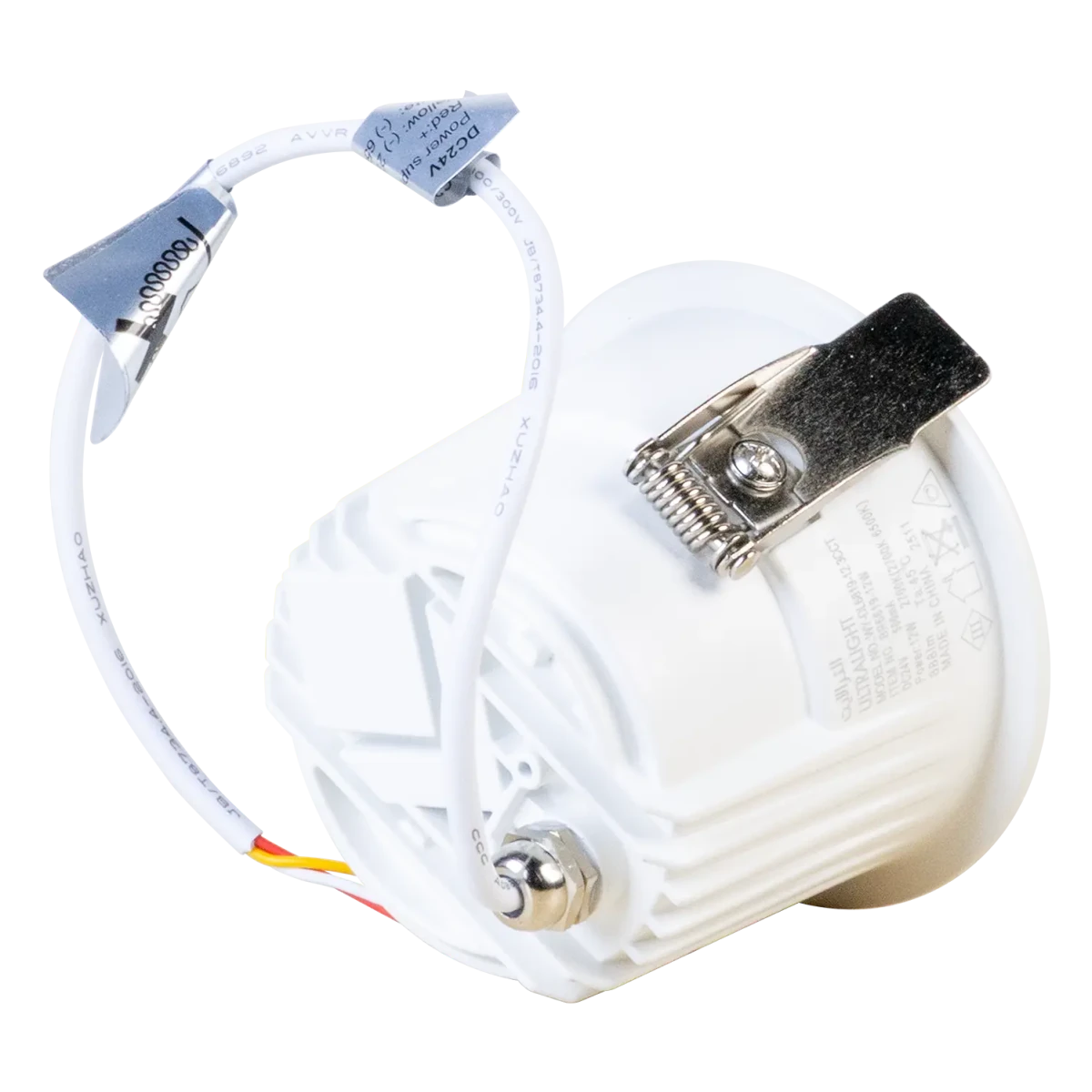 White mechanical component with wires on a white background