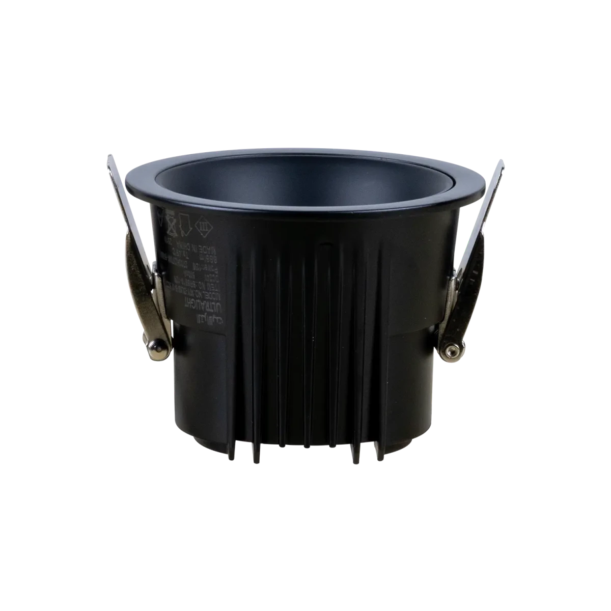 Black metal bucket with handles on a white background