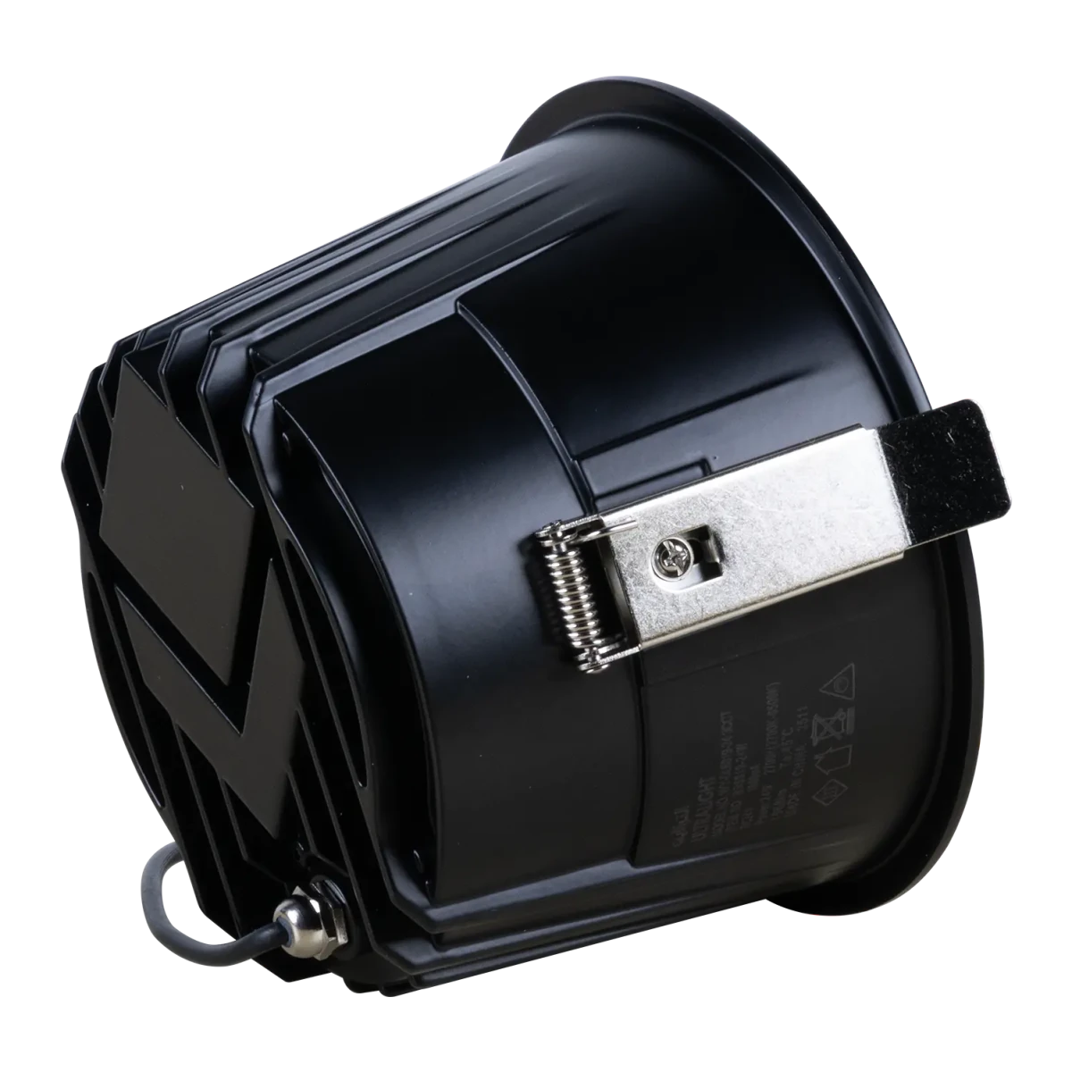 Black speaker with a metallic clip on a white background