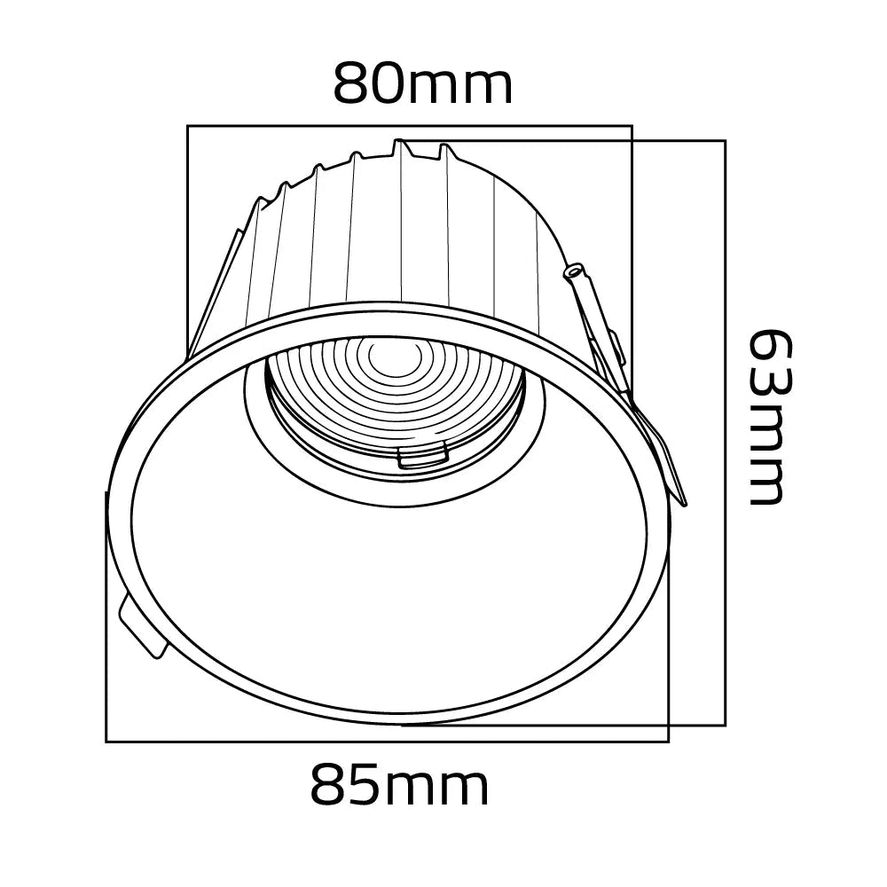 Technical drawing of a round light fixture with dimensions labeled