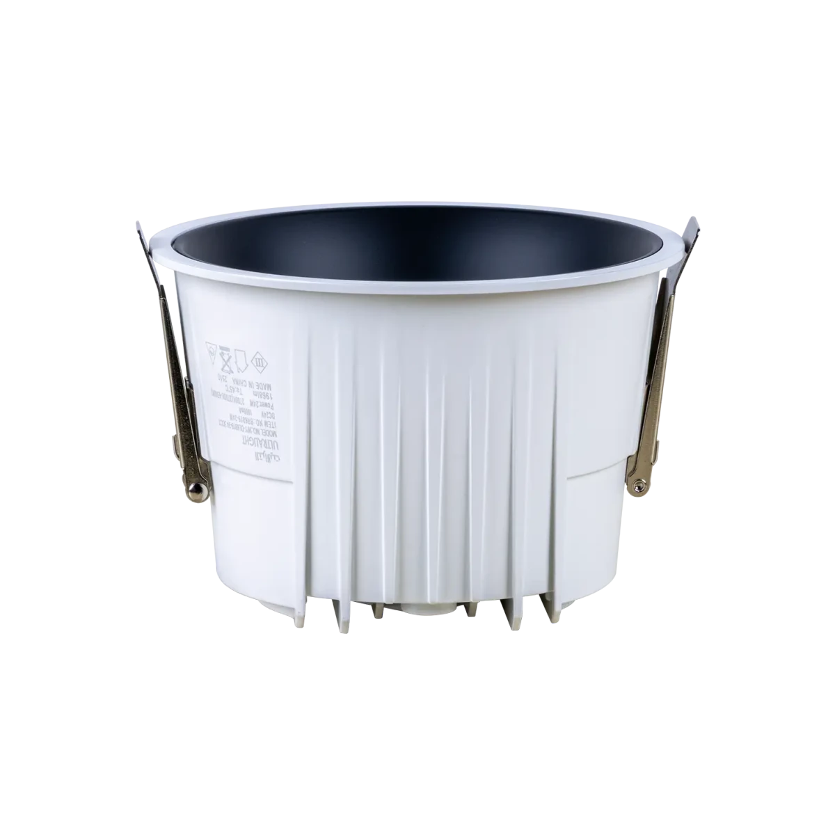 White bucket with black interior on a white background