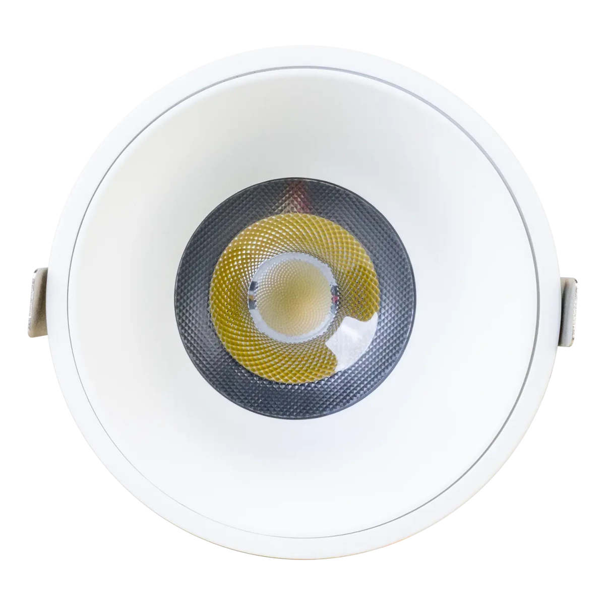 Ceiling light fixture with white trim on a white background
