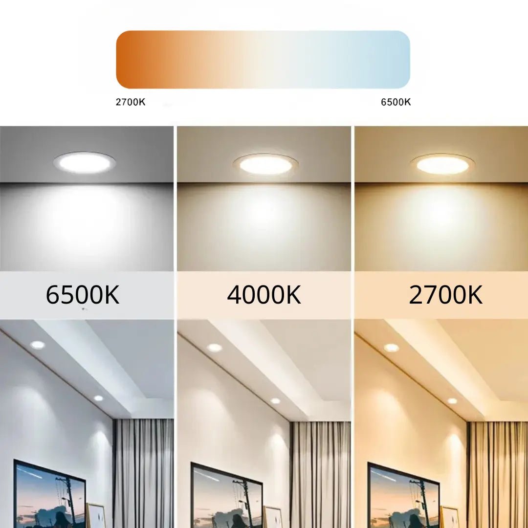 Comparison of light color temperatures on a ceiling with three different color temperatures.