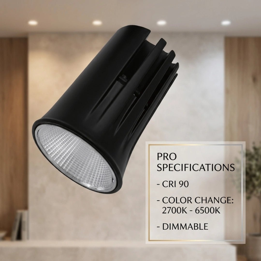 Black spotlight with specifications on a neutral background