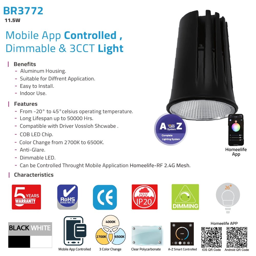 Light fixture with specifications and features on a white background