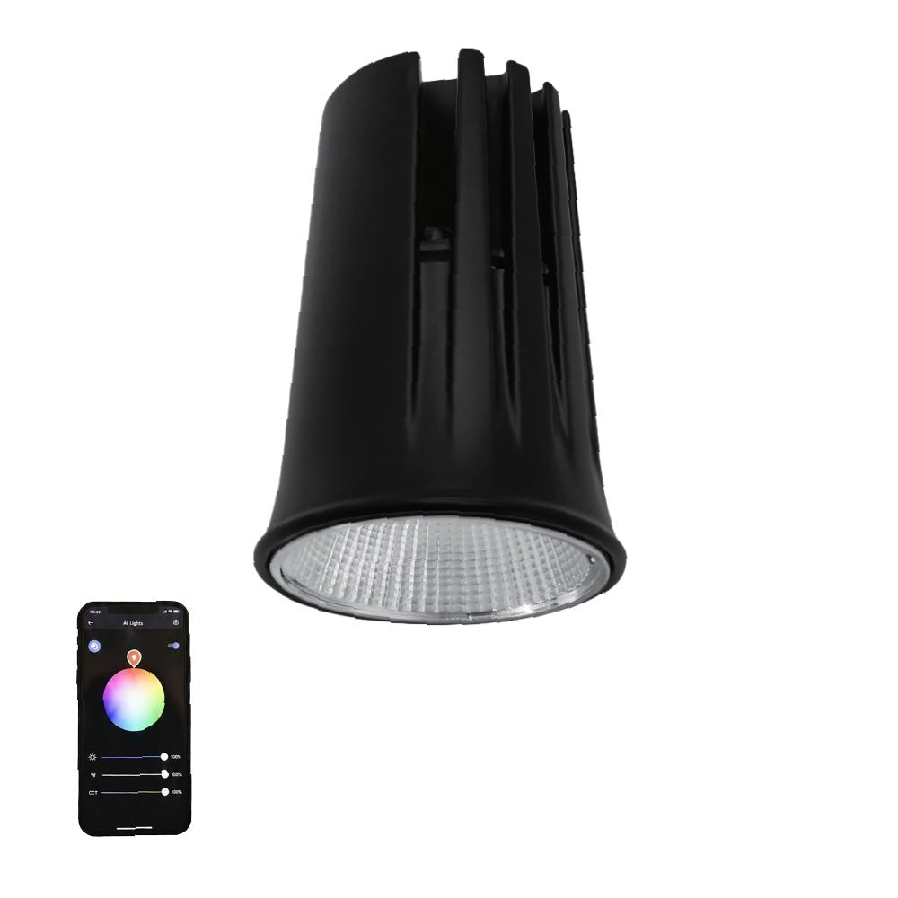 Black LED spotlight with smartphone app control on a white background