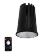 Black LED spotlight with smartphone app control on a white background